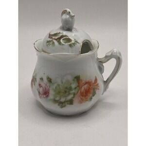 Vintage Germany Porcelain Floral Sugar  Pot with Lid Gold Gilt Trim Rose